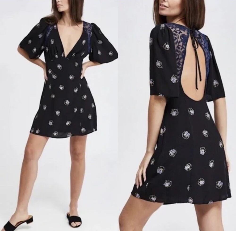 Free People Mockingbird Floral Print Black Embroidered Mini Tunic Dress Size 8